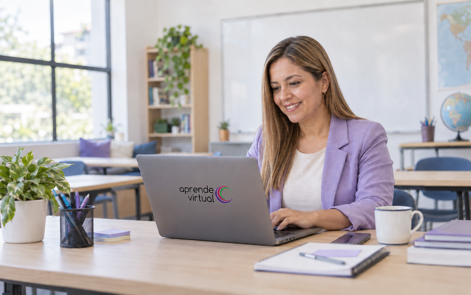 Docente latinoamericana trabajando con tecnología educativa